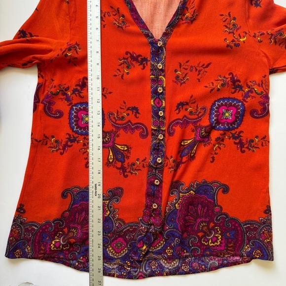 Jones New York Blouse Gold Buttons Paisley Tunic Moroccan Orange Top Shirt Sz L - Picture 8 of 16